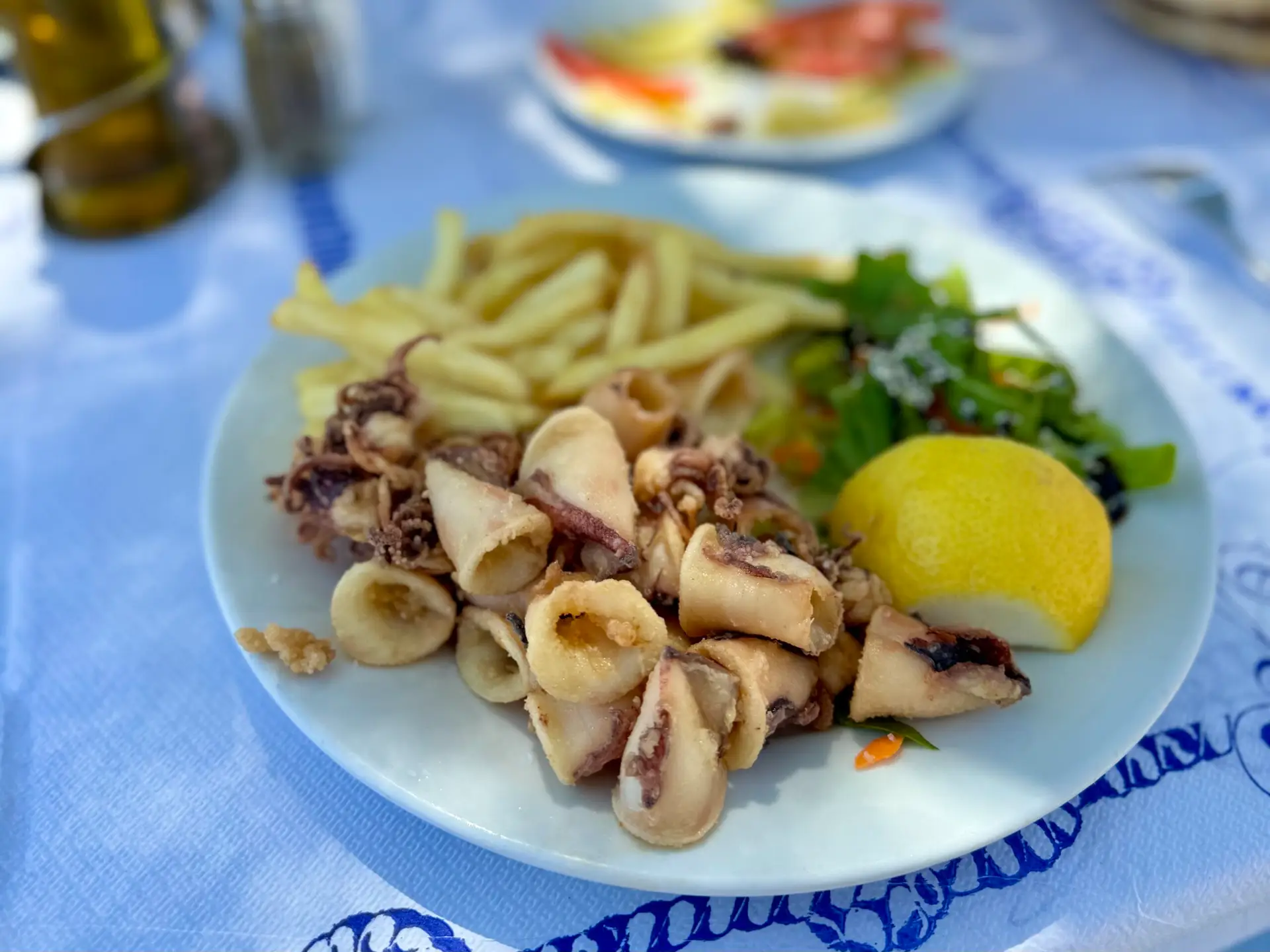 Talerz z kalmarami, frytkami i cytryną podany w tradycyjnej greckiej tawernie na Zakynthos.
