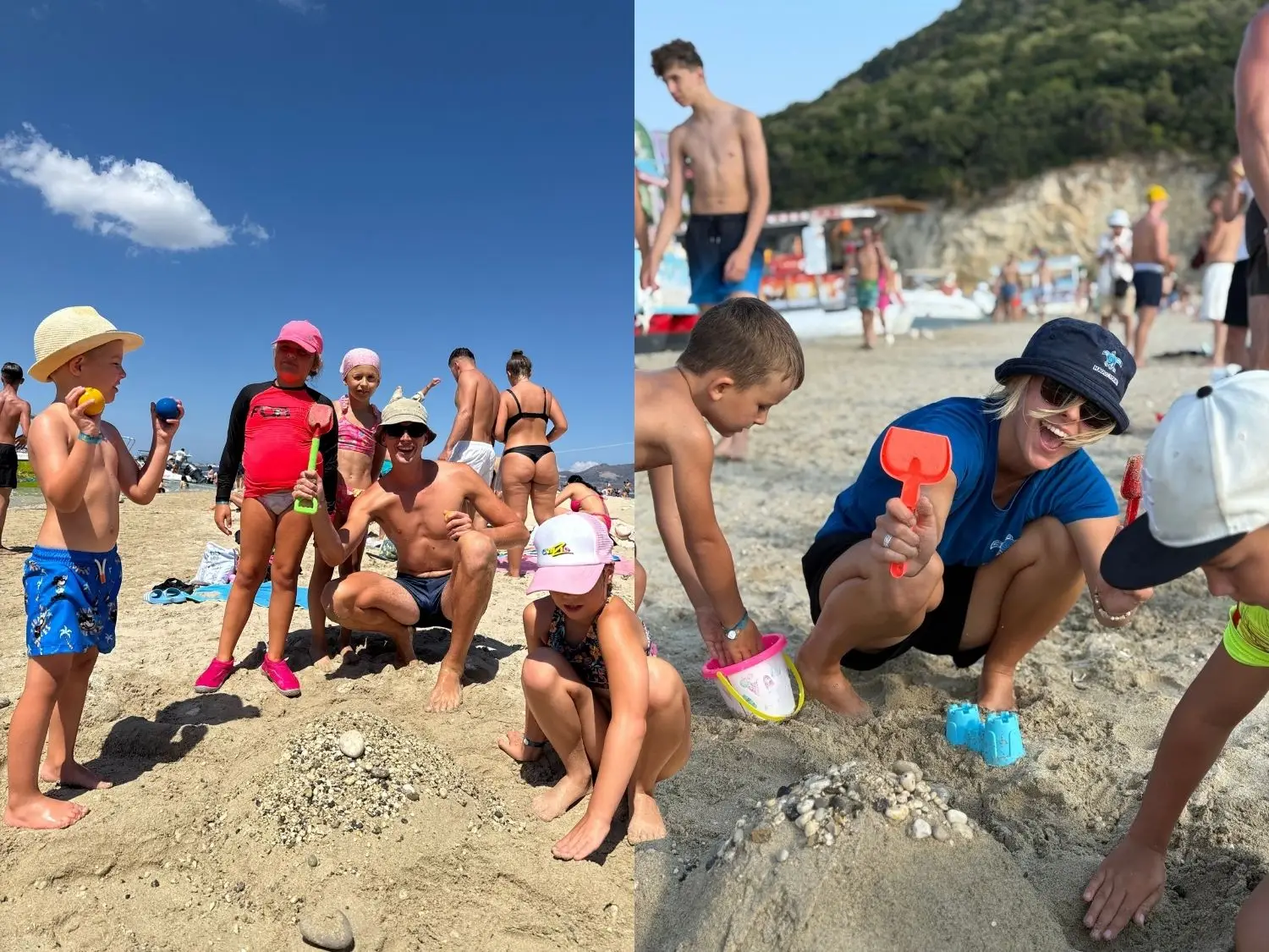 Dzieci bawiące się w piasku z animatorami Magic Tours podczas animacji na plaży w Grecji.